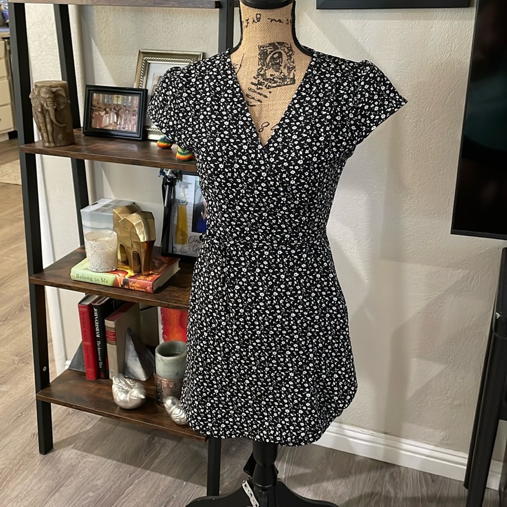 Black and white floral wrap dress